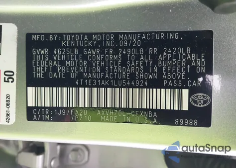 2020 Toyota Camry Le Hybrid from USA, damaged, VIN 4T1E31AK1LU544924